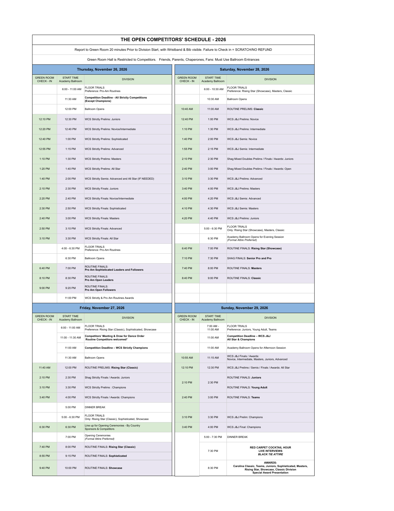 Open '26 Competitor Schedule